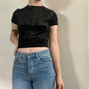 Black Velvet Short-Sleeved Mock Neck Crop Top